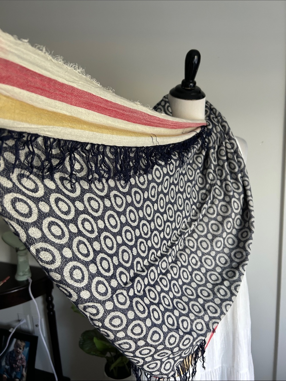 🆕 navy red yellow cream classicPatterned Infinity Scarf with Stripes